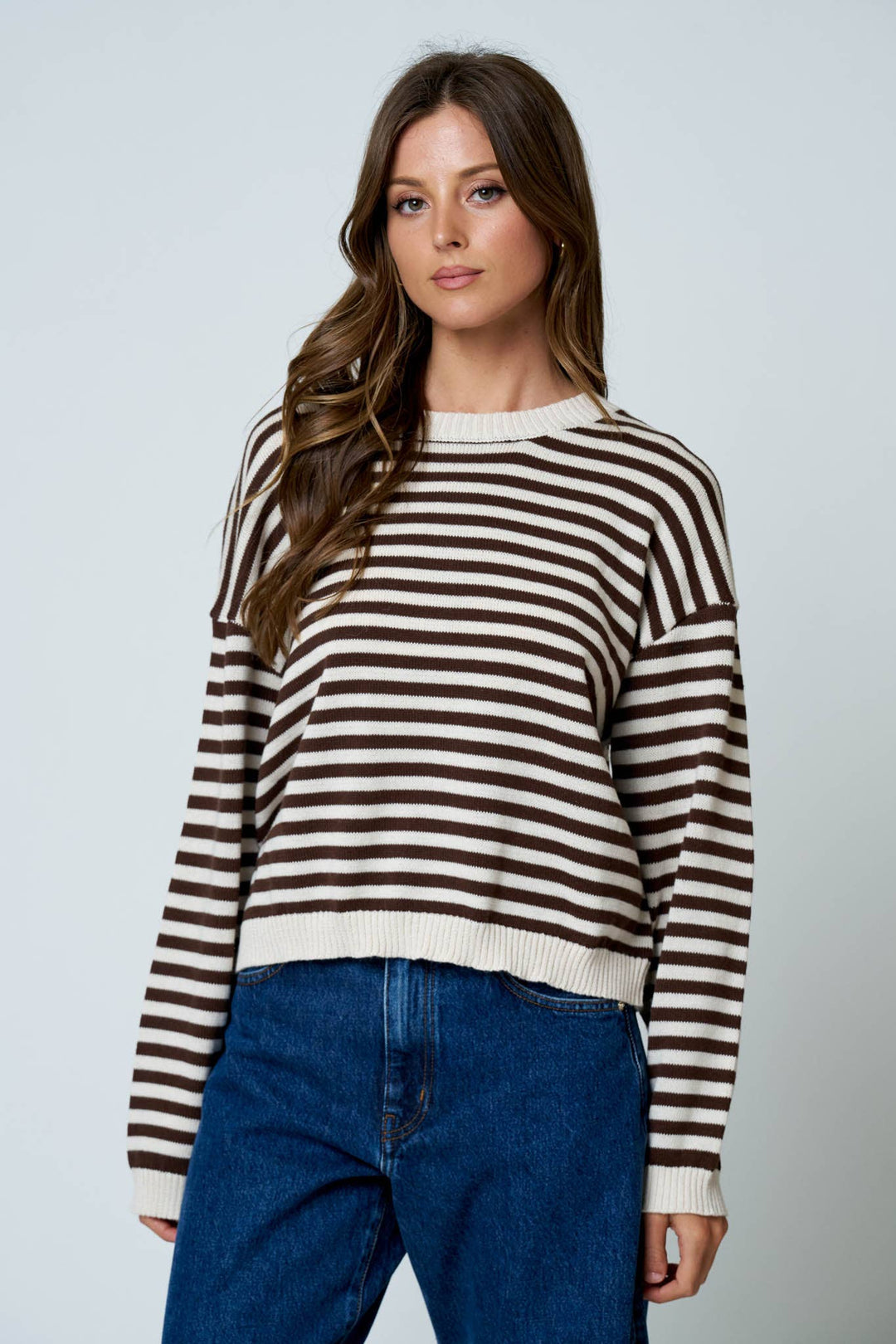 STRIPE RELAXED BACK BUTTON DETAIL KNIT SWEATER