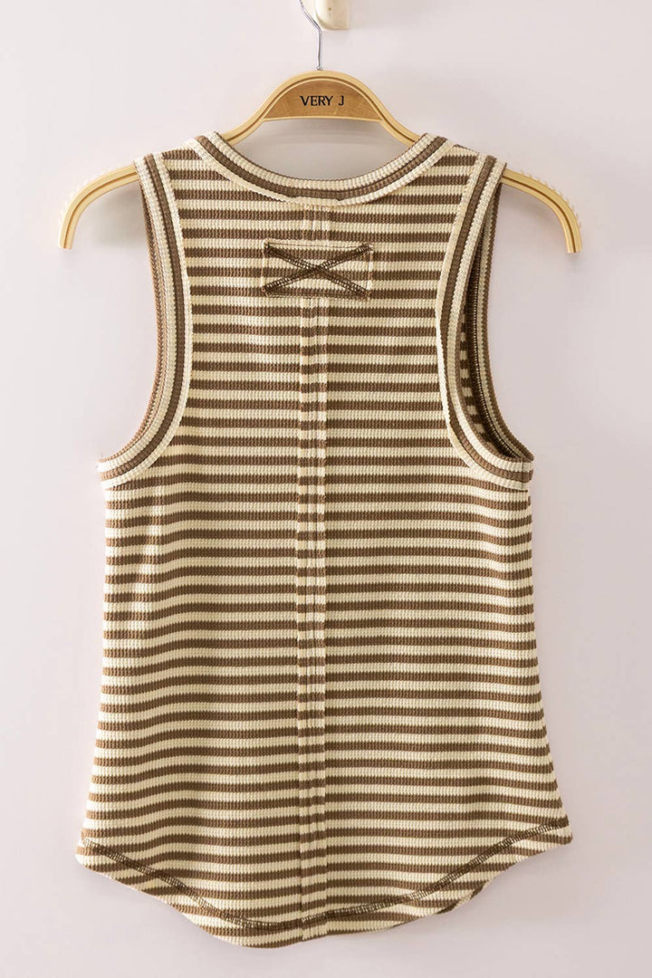 Striped & Solid Button Down Fitted Knit Tank Top