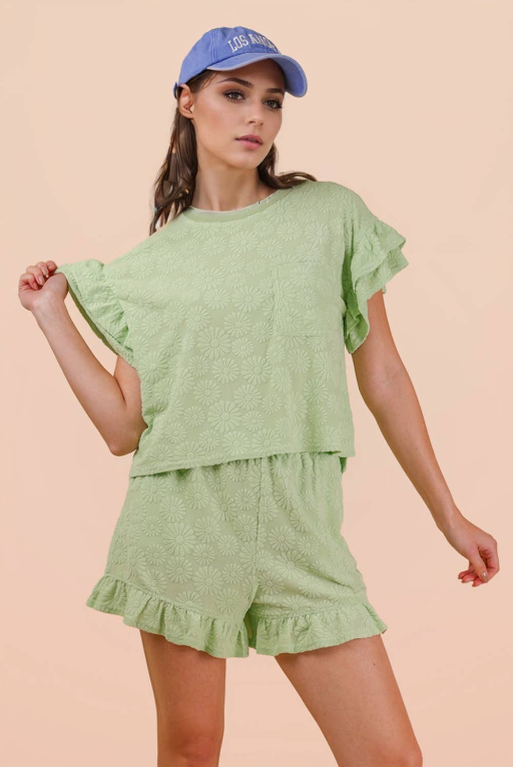 Floral Textured Ruffled Knit Top & Shorts Set
