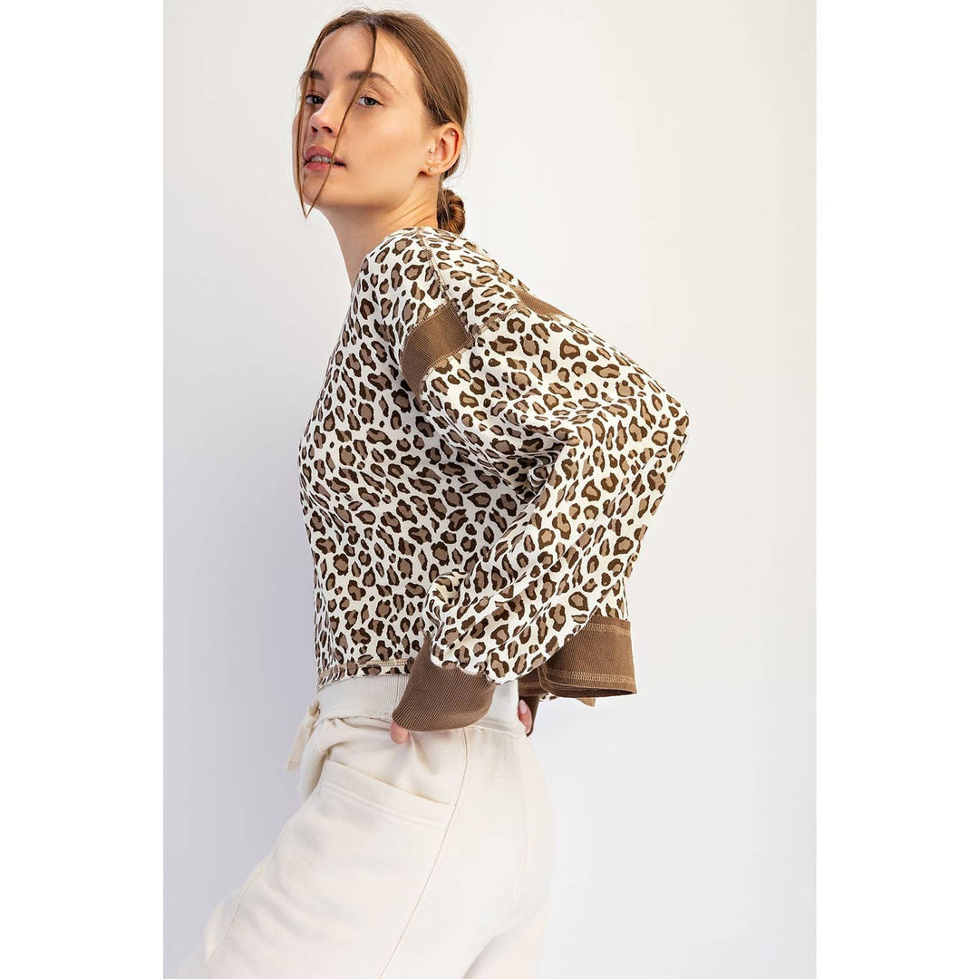 ANIMAL PRINT TERRY OPEN BACK LONG SLEEVE TOP