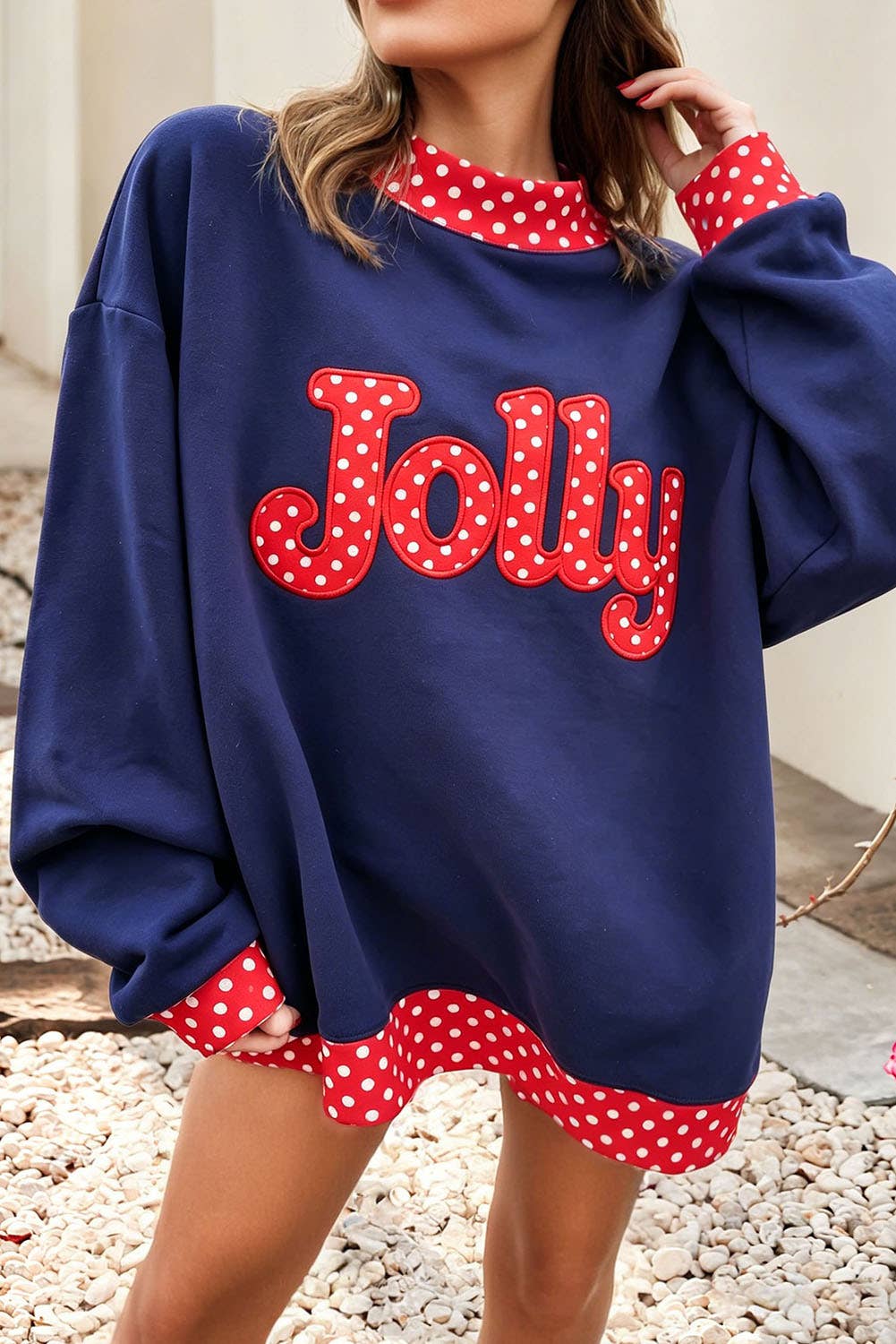 Polka Dot Contrast Holiday Mock Neck Sweatshirt