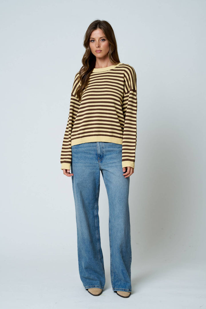 STRIPE RELAXED BACK BUTTON DETAIL KNIT SWEATER