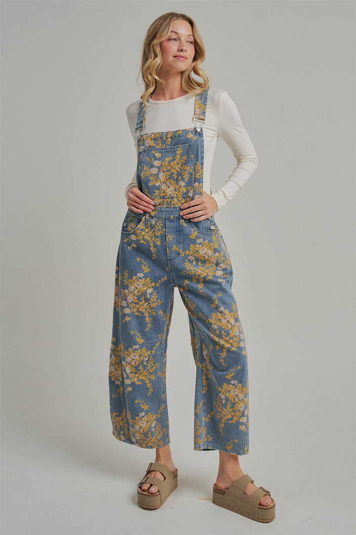 FLORAL PRINT DENIM OVERALL JUMPSUIT