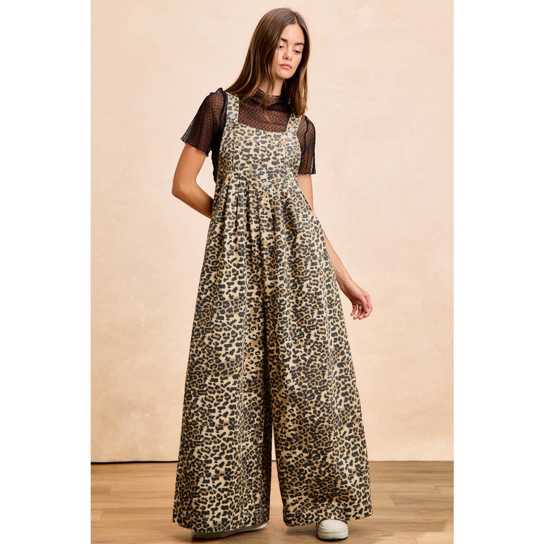 COTTON TWILL LEOPARD PRINT WIDE LEG OVERALLS