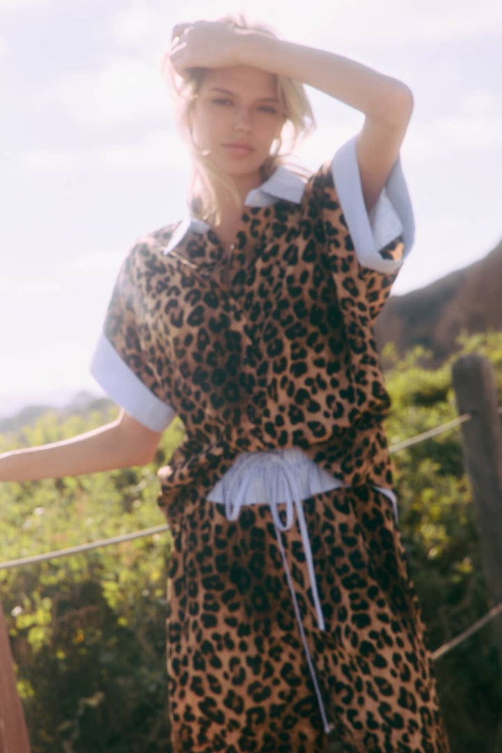 Leopard Printed Shirt Wide Leg Pants Set