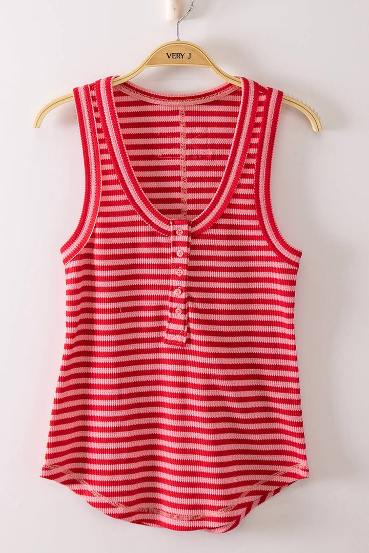 Striped & Solid Button Down Fitted Knit Tank Top