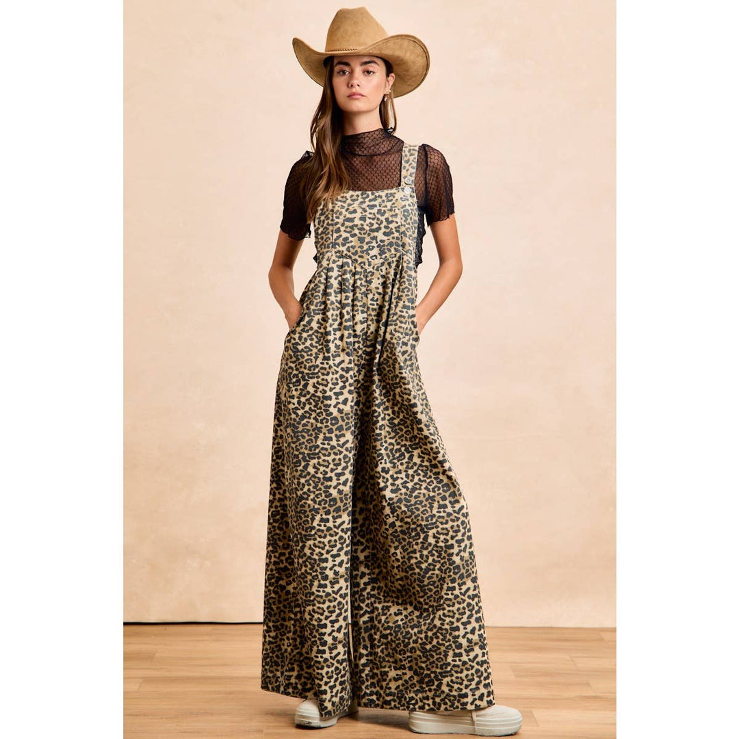 COTTON TWILL LEOPARD PRINT WIDE LEG OVERALLS