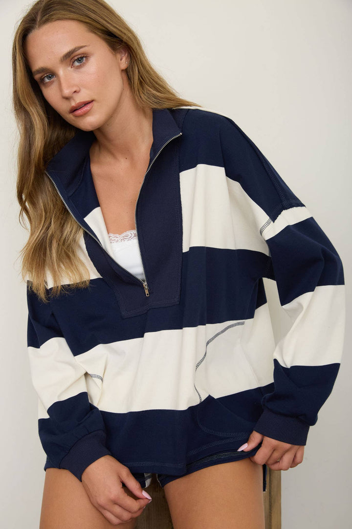 WIDE STRIPE HALF ZIP LONG SLEEVE KNIT SET
