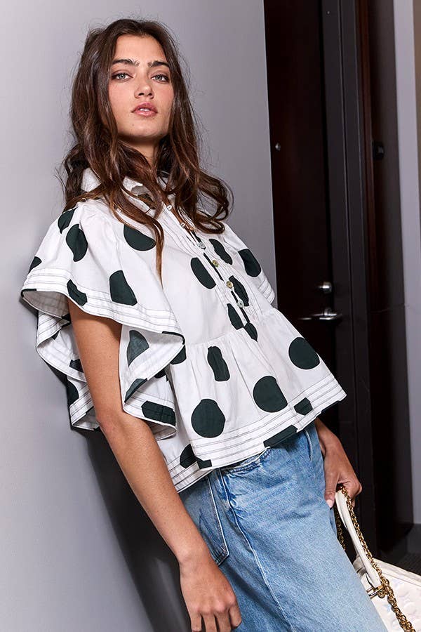 Ruffle Sleeves Pintuck Detail Polka Dot Print top up