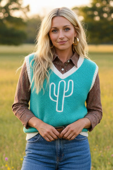 TURQUOISE CACTUS VNECK SWEATER