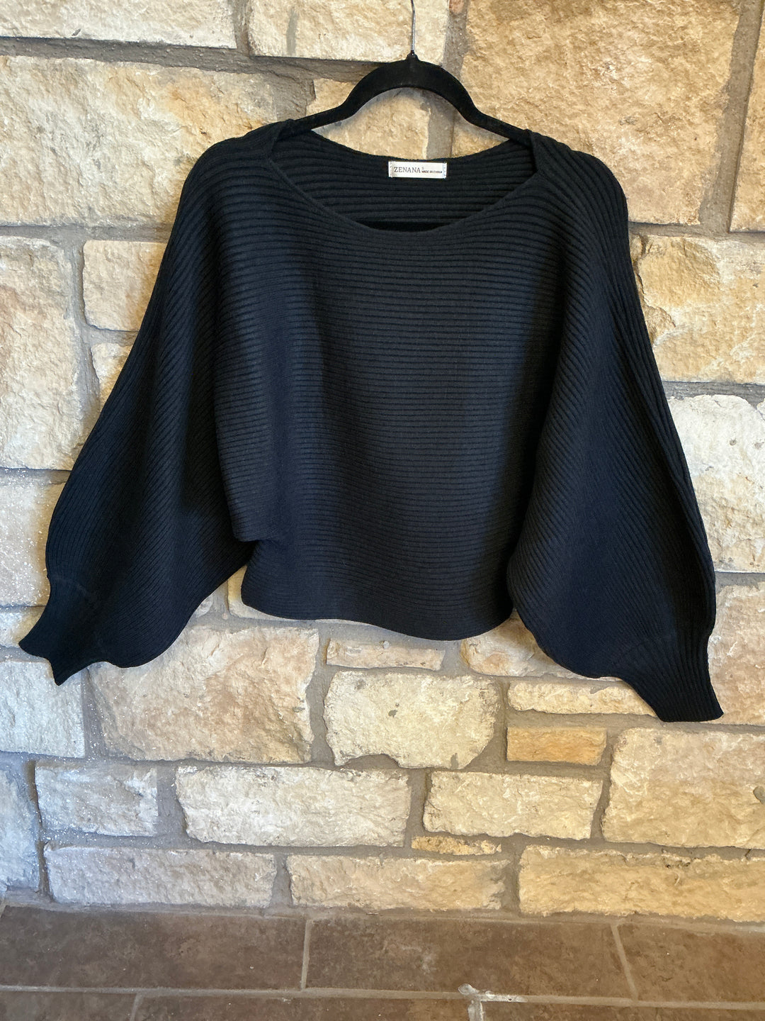 Black Boat Neck Balloon Sleeve Sweater