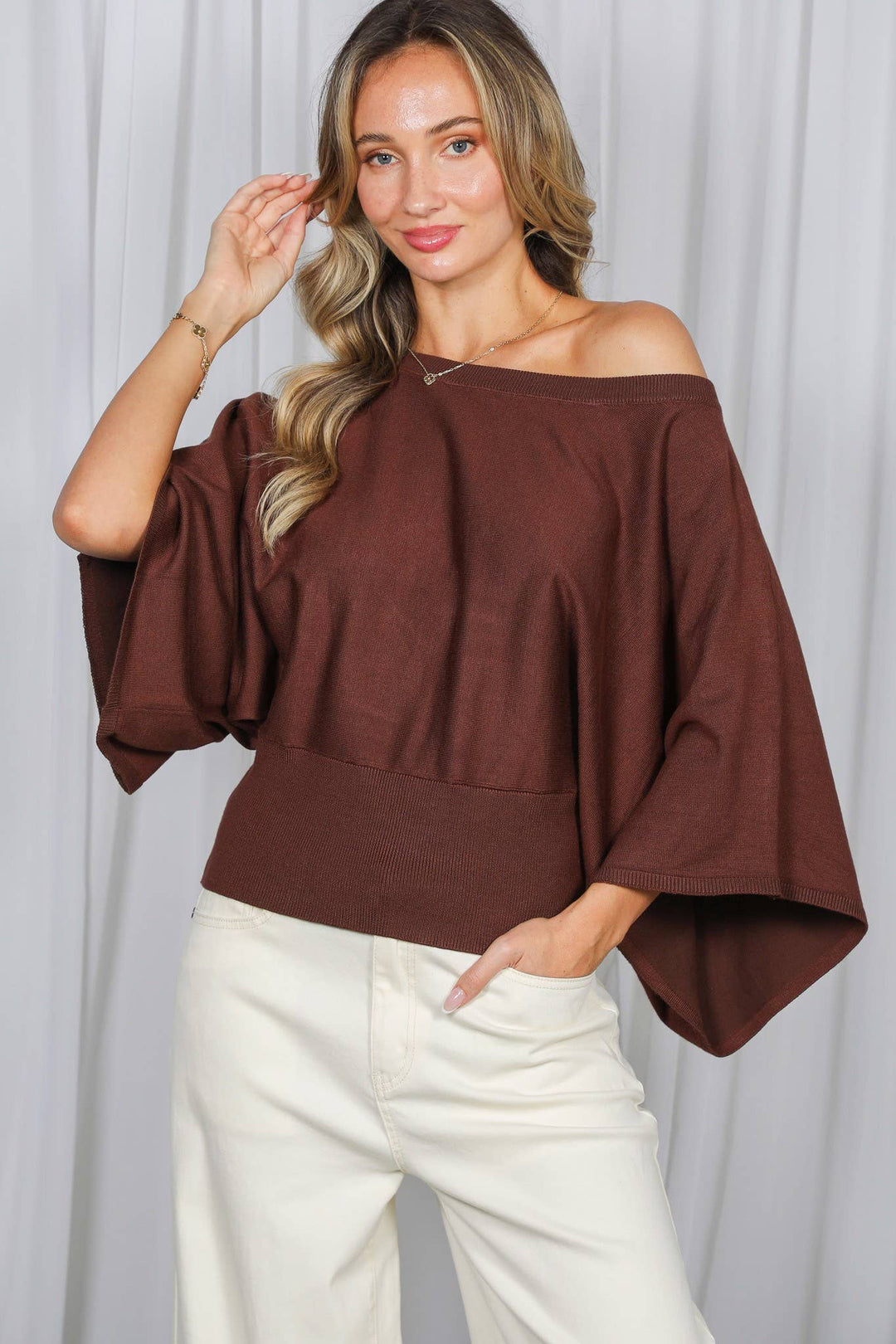 Flattering Batwing 3/4 Dolman Sleeve Knitted Sweater VT83572