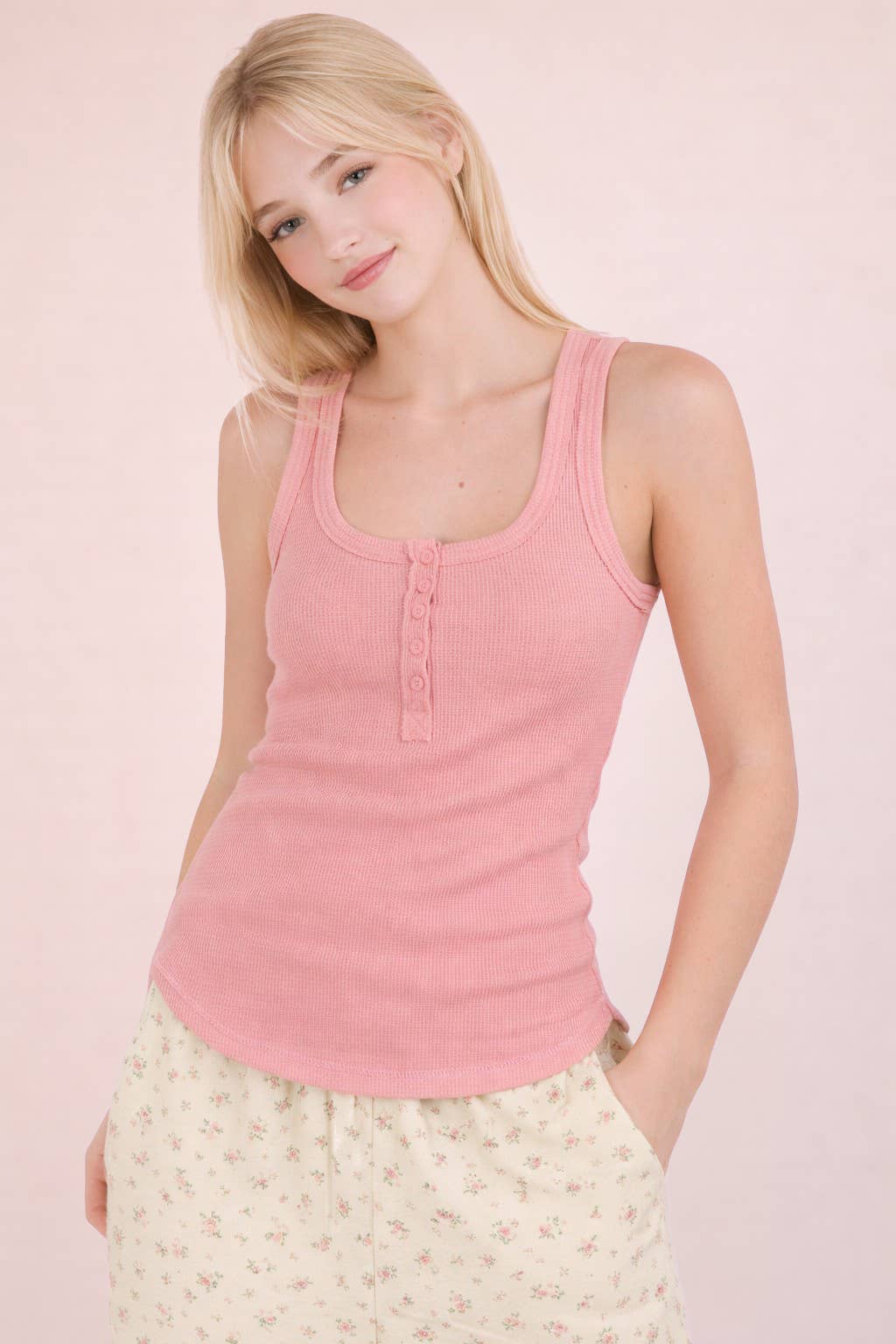 Striped & Solid Button Down Fitted Knit Tank Top
