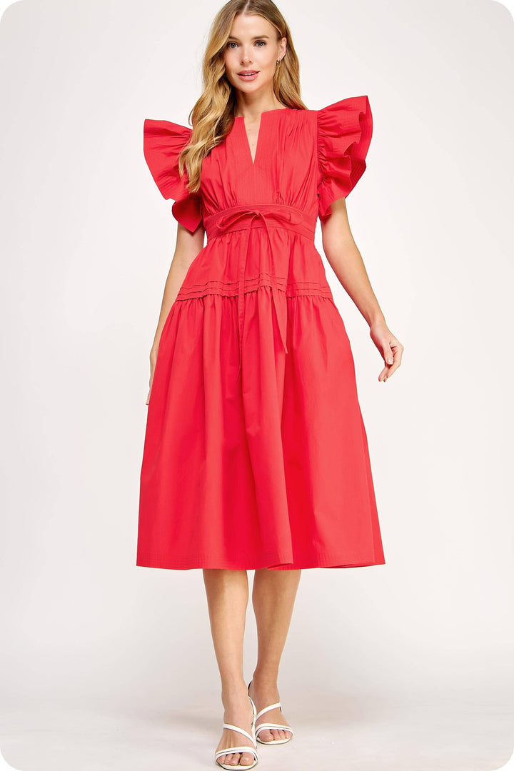Chambray Flutter Sleeve Poplin Midi Dress
