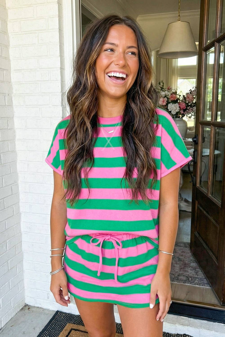 Stripe Dolman Tee Drawstring Skort 2pcs Set