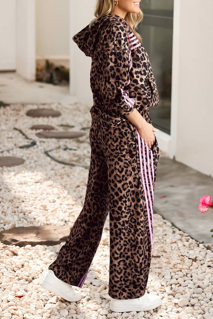 Leopard Print Contrast Striped Detail Top and Pant Set