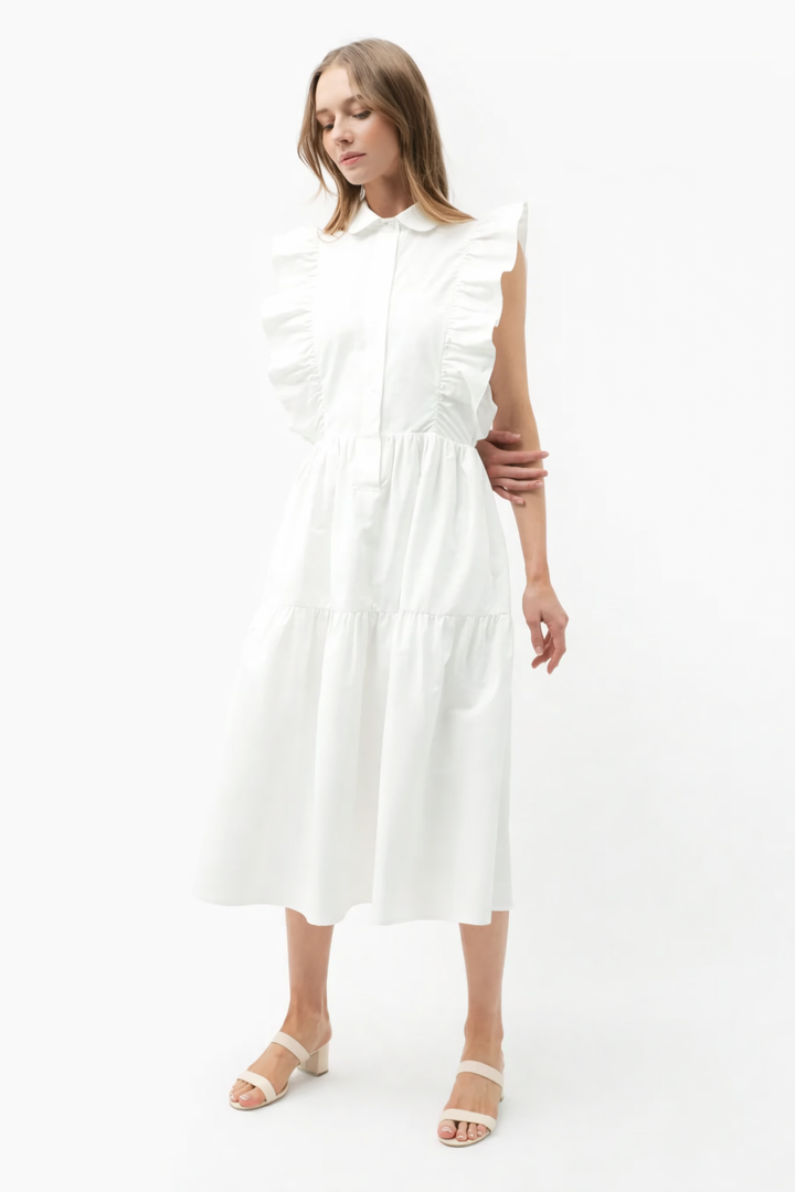 Ruffle Trim Button-Down Tiered Midi Dress WHITE