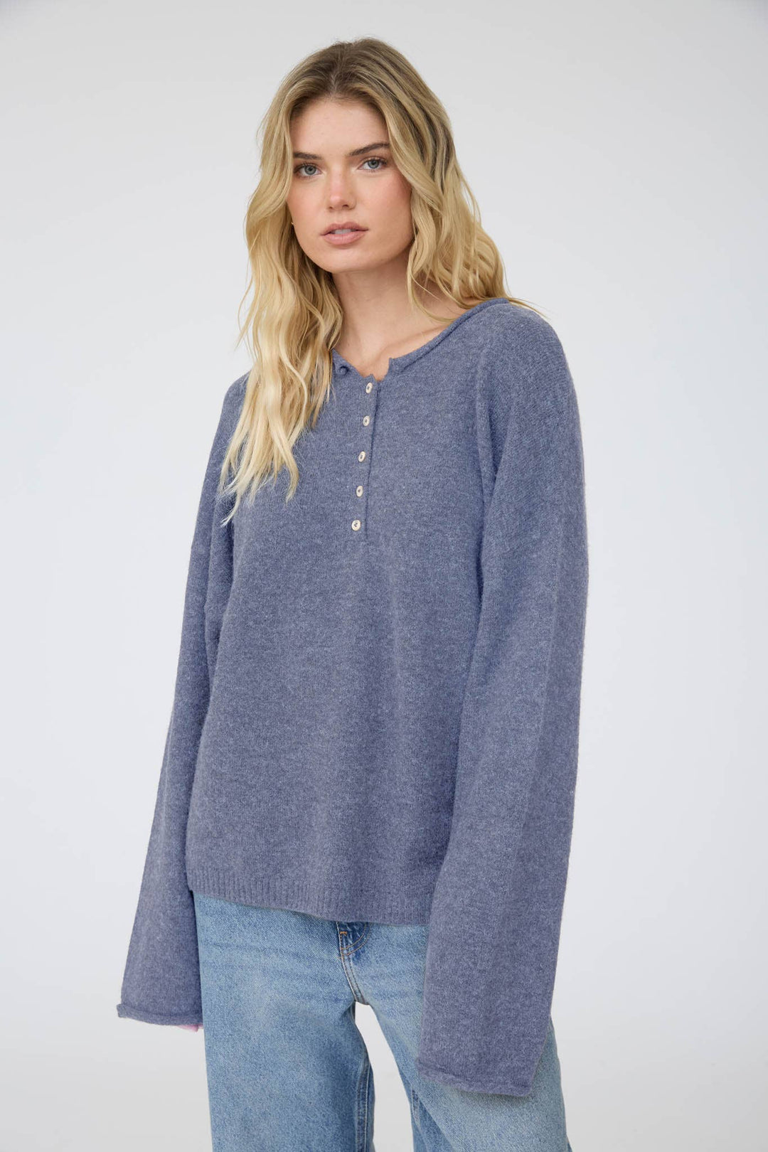 RAW ROLLED EDGE HENLEY RELAXED PULLOVER SWEATER