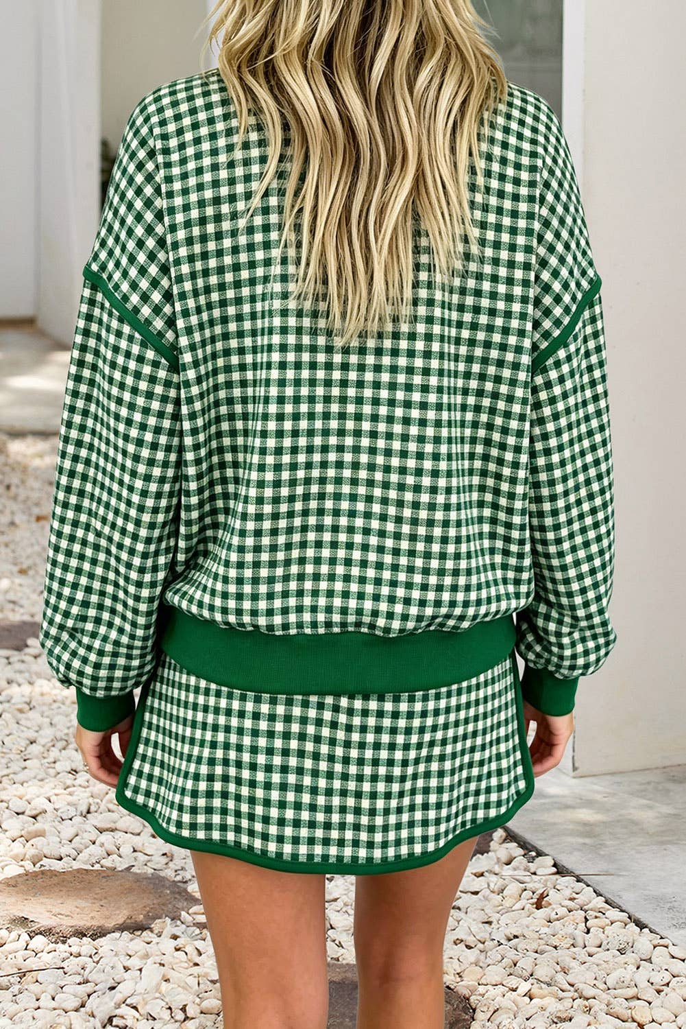 Gingham Oversized Contrast Trim Crew Neck Top and Skirt Set