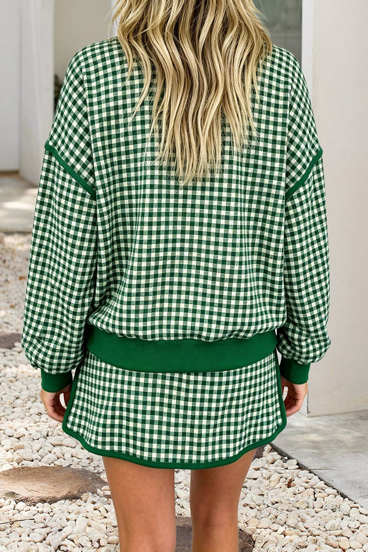 Gingham Oversized Contrast Trim Crew Neck Top and Skirt Set