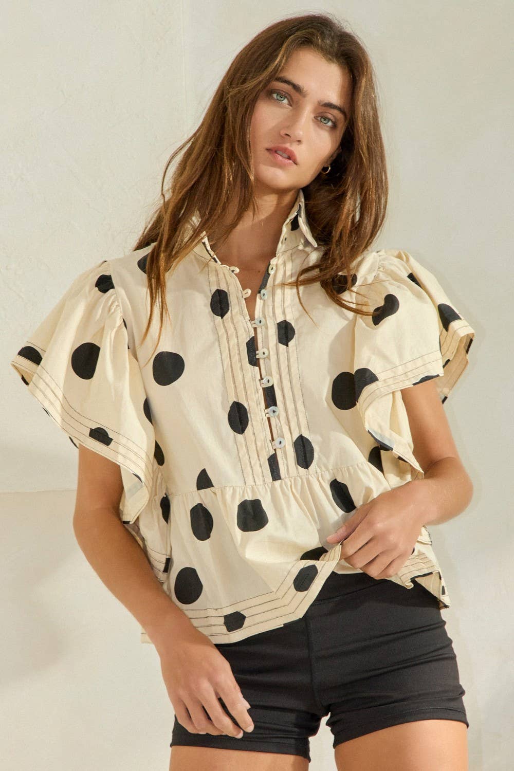 Ruffle Sleeves Pintuck Detail Polka Dot Print top up