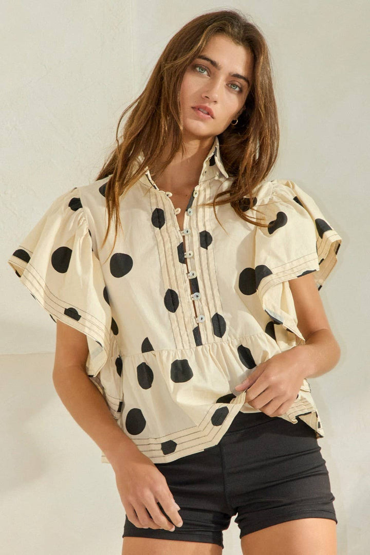 Ruffle Sleeves Pintuck Detail Polka Dot Print top up