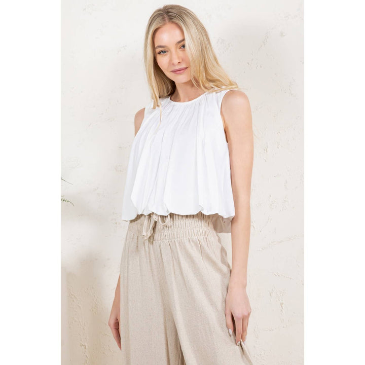 White Soft Pleated Sleeveless Bubble Hem Top