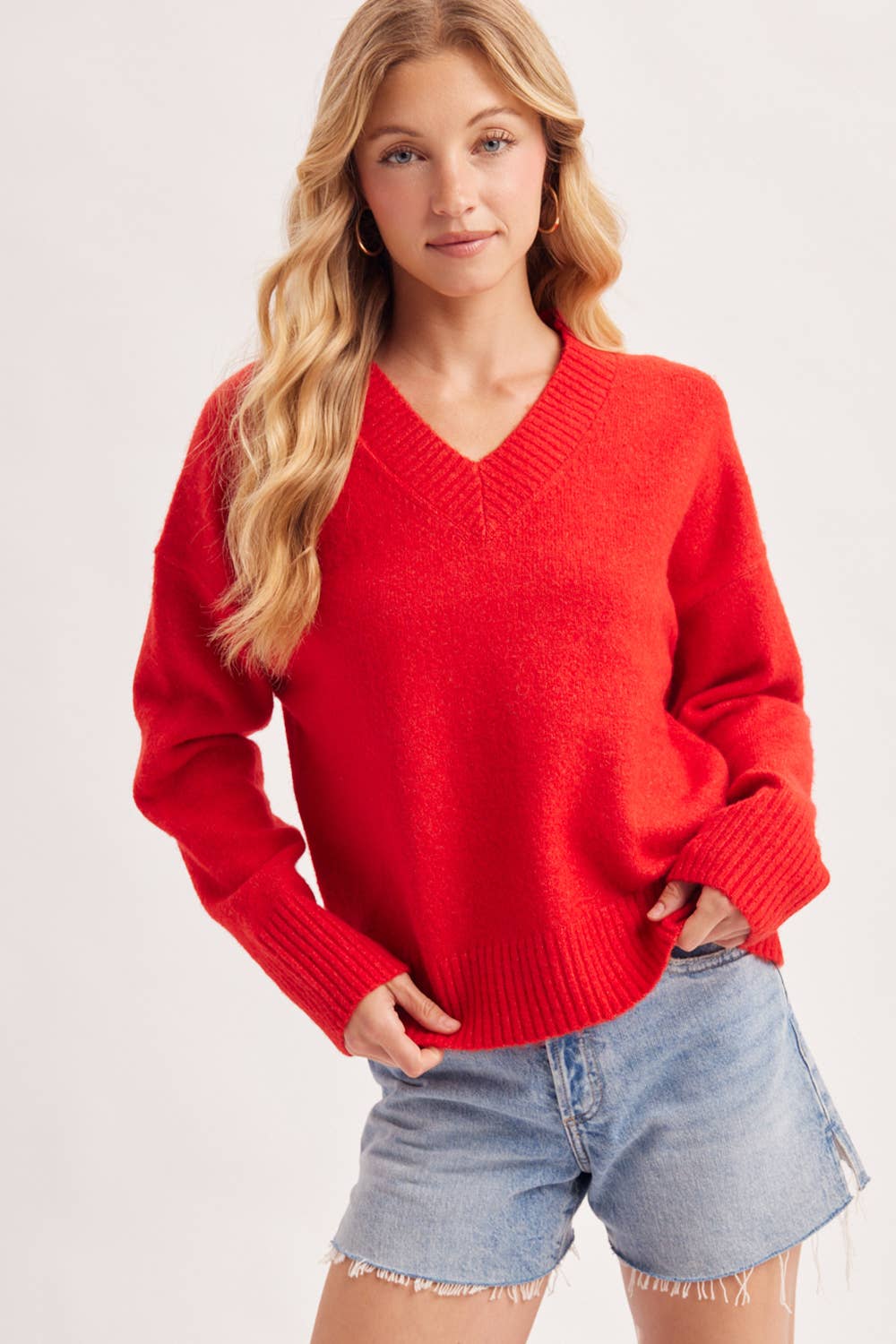 V-NECK FUZZY KNIT SWEATER