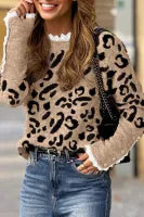 Leopard Pattern Lace Ribbed Detail Button Cuffed Sweater