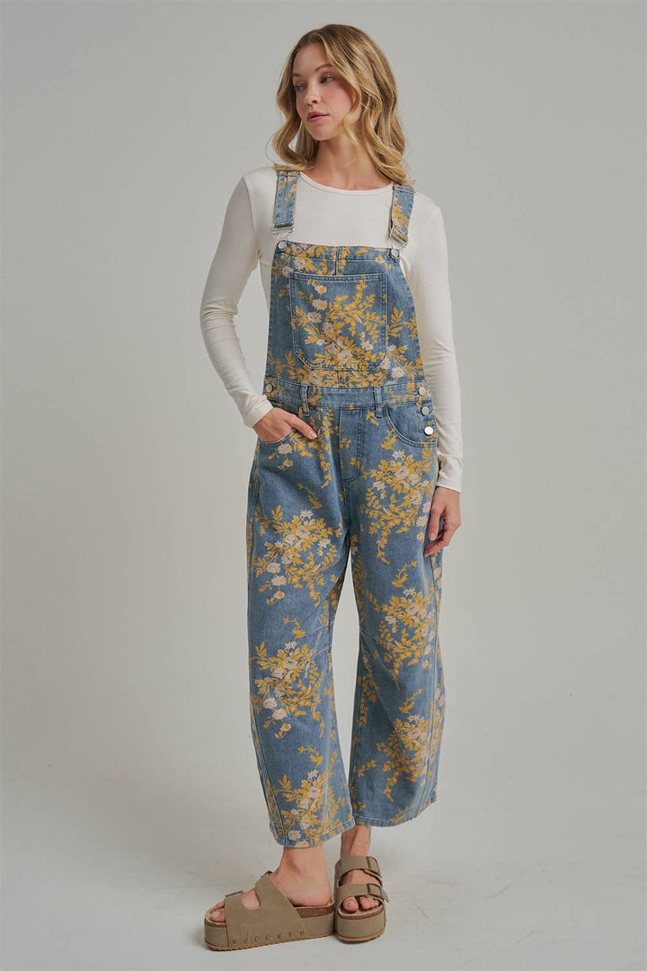 FLORAL PRINT DENIM OVERALL JUMPSUIT