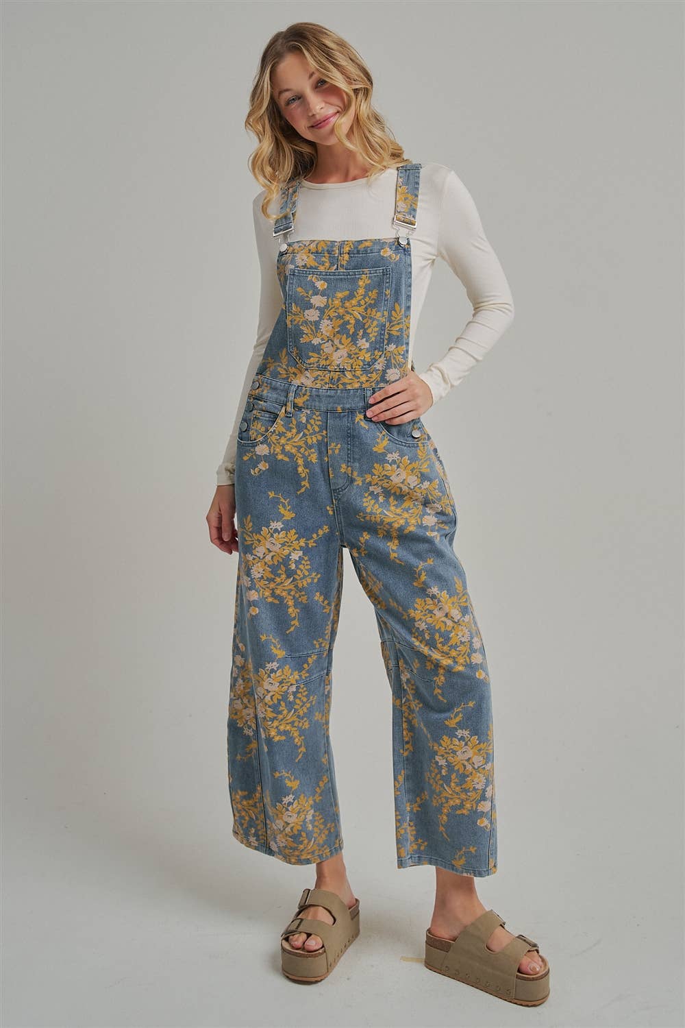 FLORAL PRINT DENIM OVERALL JUMPSUIT