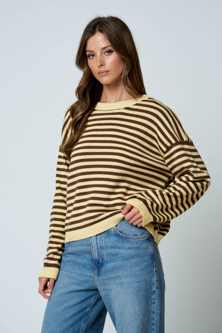 STRIPE RELAXED BACK BUTTON DETAIL KNIT SWEATER