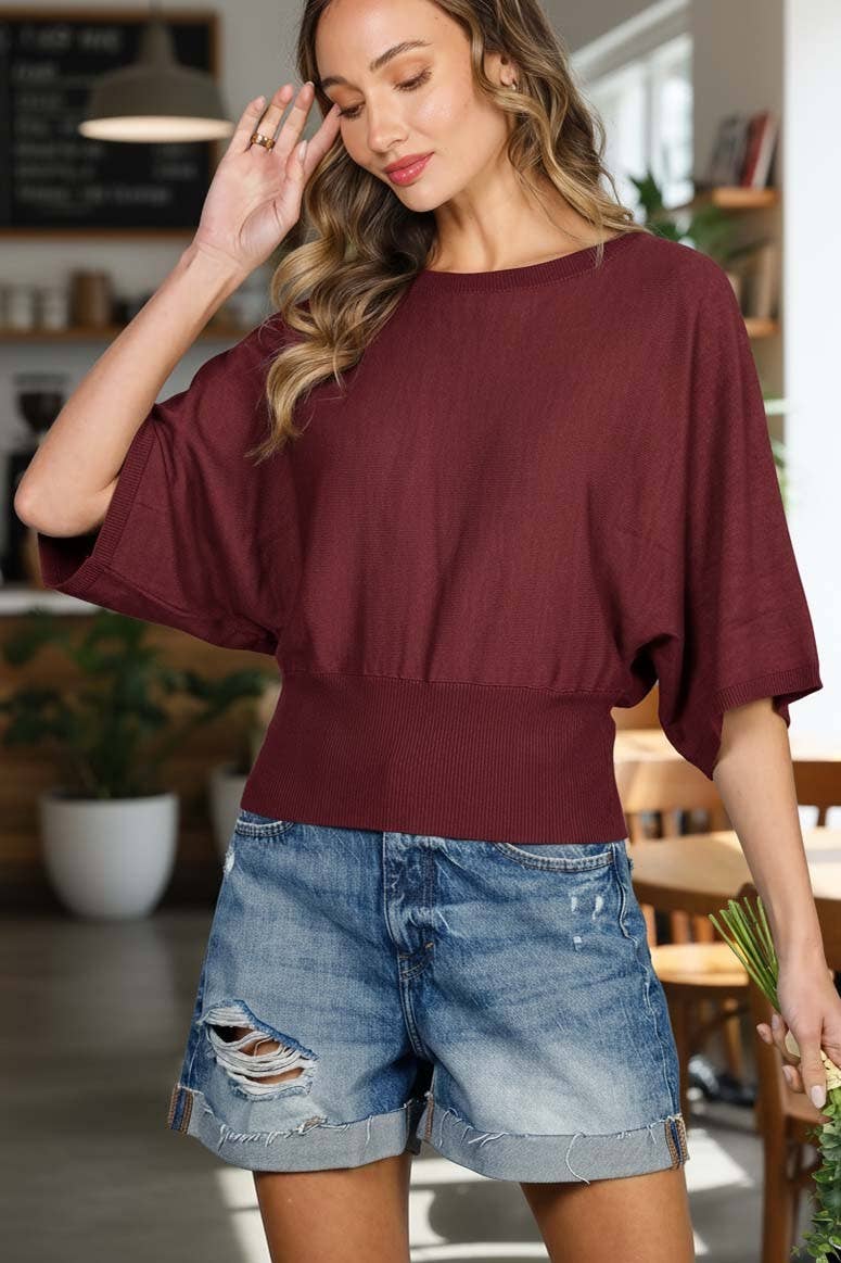 Flattering Batwing 3/4 Dolman Sleeve Knitted Sweater VT83572