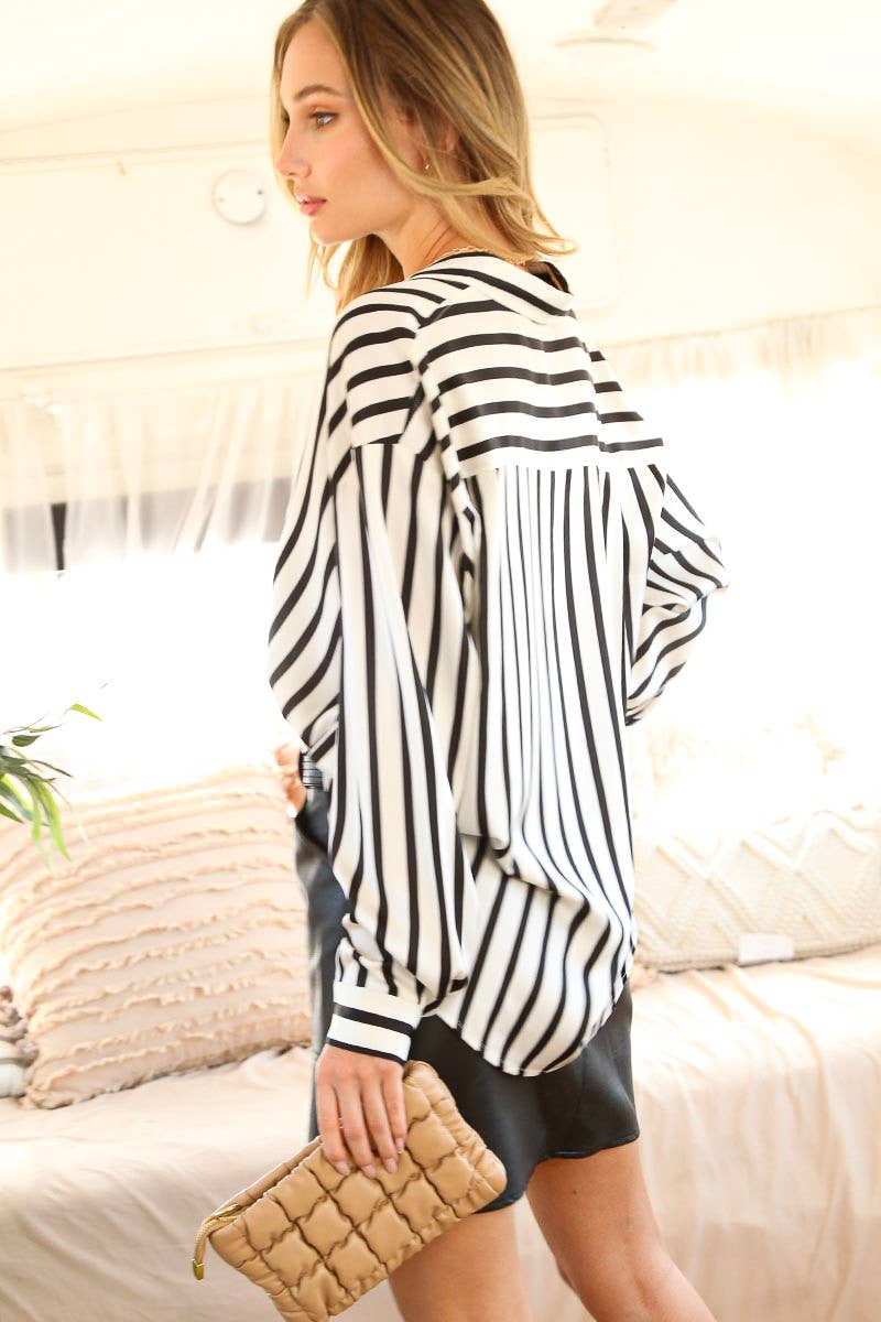 Collard Vertical Stripe Printed Satin Blouse Top