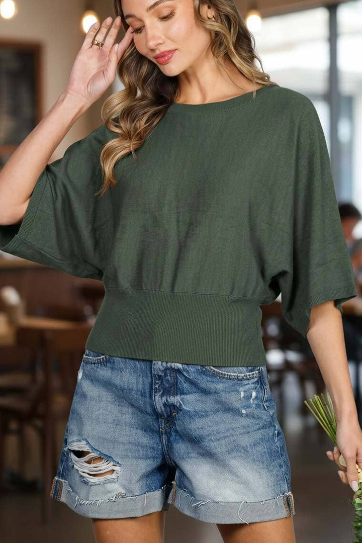 Flattering Batwing 3/4 Dolman Sleeve Knitted Sweater VT83572