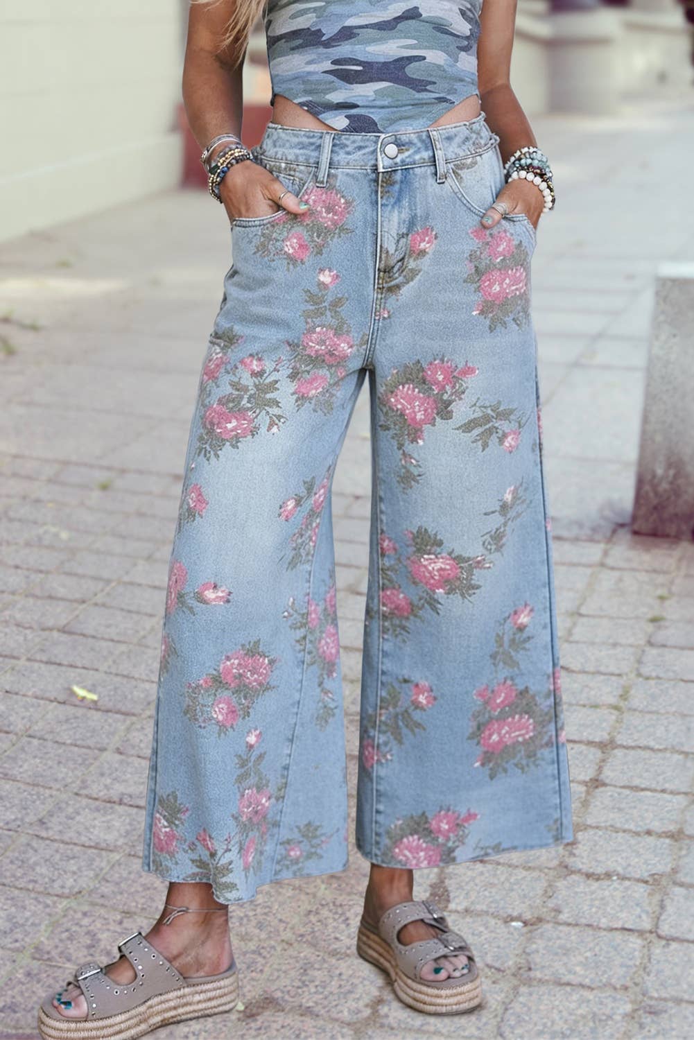 Garden Floral Print Bootcut Wide Leg High Waisted Jeans