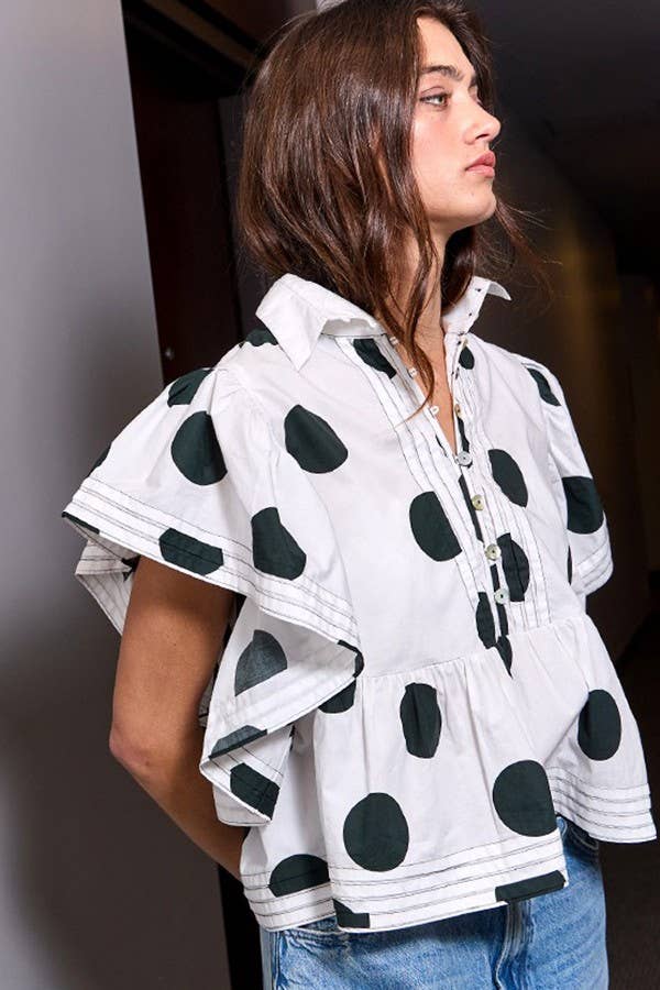 Ruffle Sleeves Pintuck Detail Polka Dot Print top up