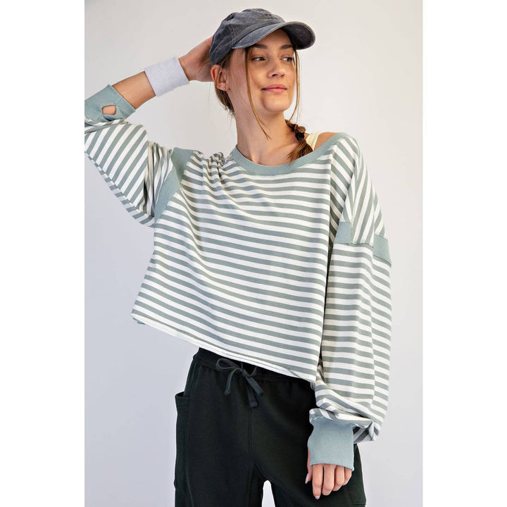 STRIPED TERRY OPEN BACK LONG SLEEVE TOP