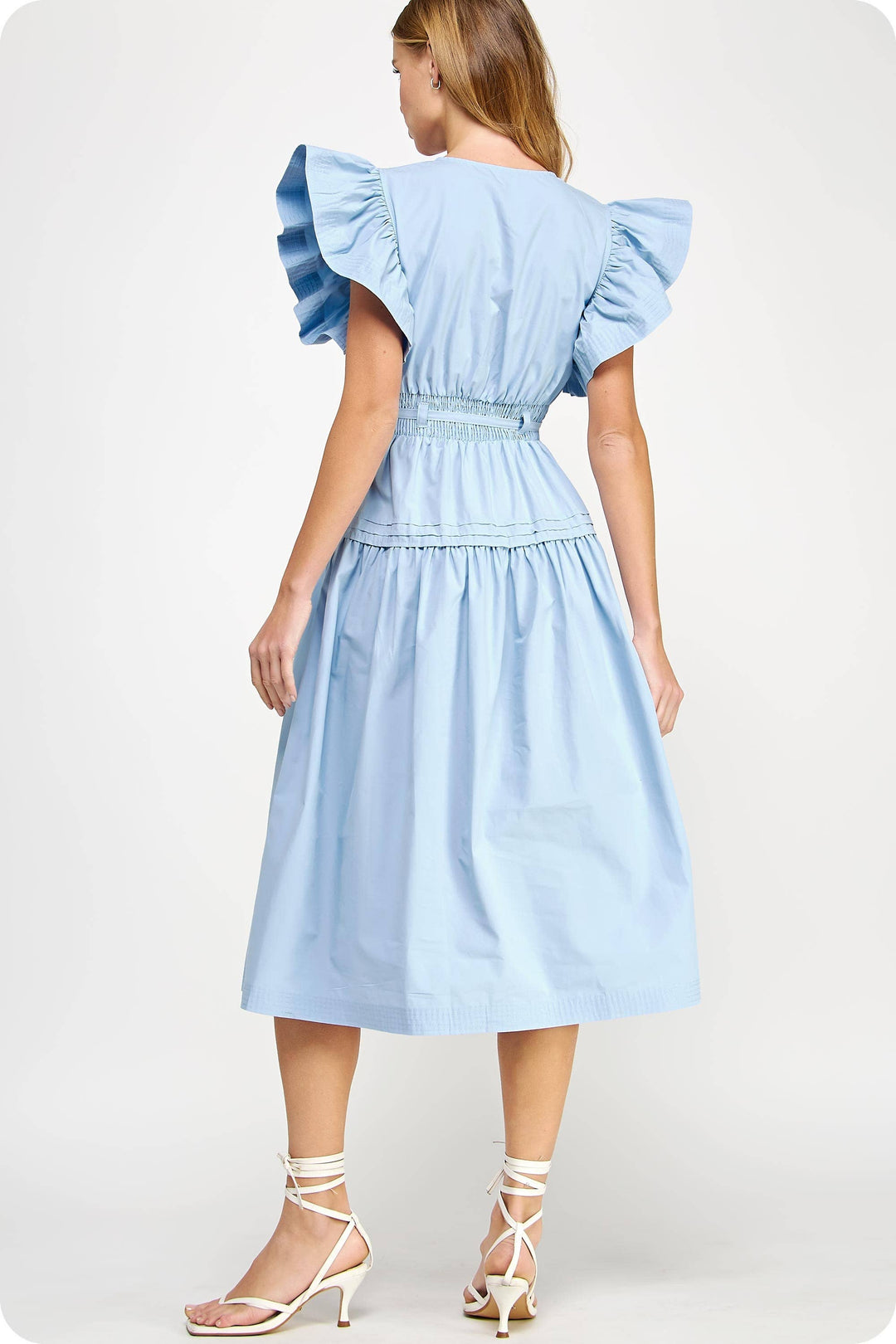 Chambray Flutter Sleeve Poplin Midi Dress