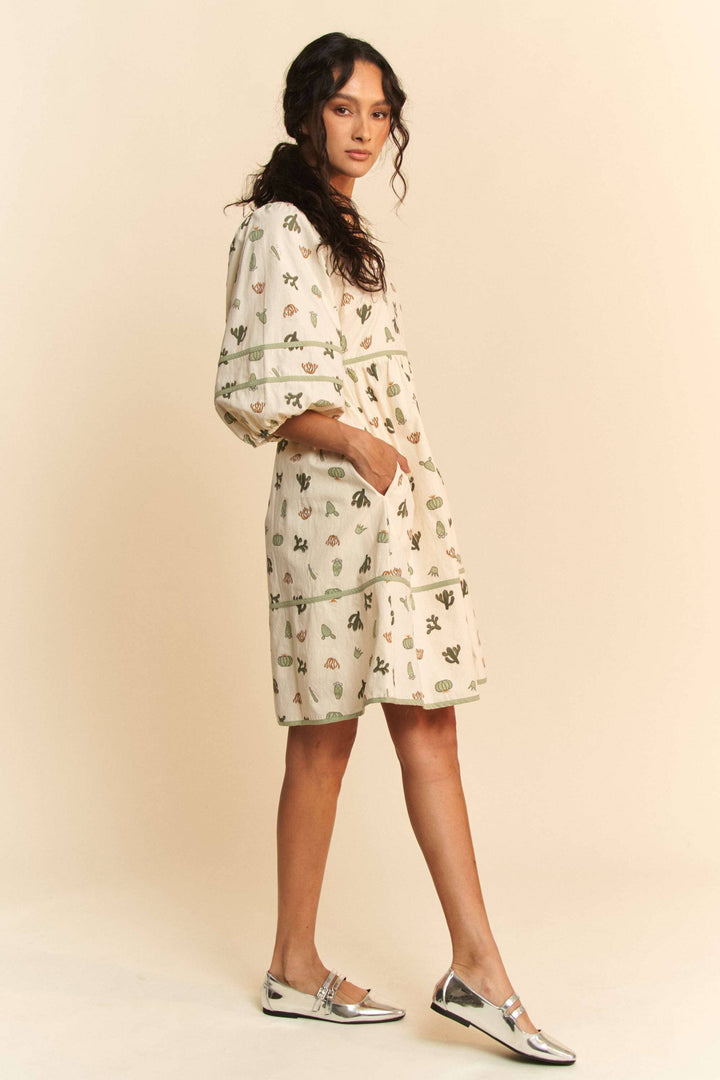 CACTUS PRINTED POPLIN CONTRAST PIPING MINI DRESS