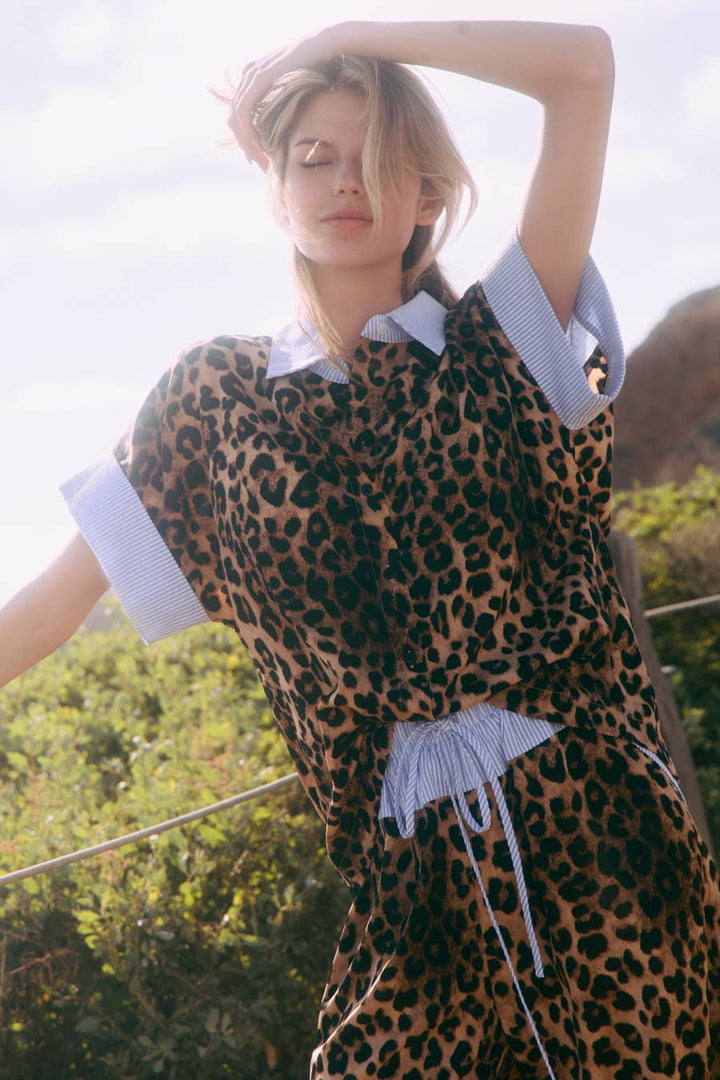 Leopard Printed Shirt Wide Leg Pants Set