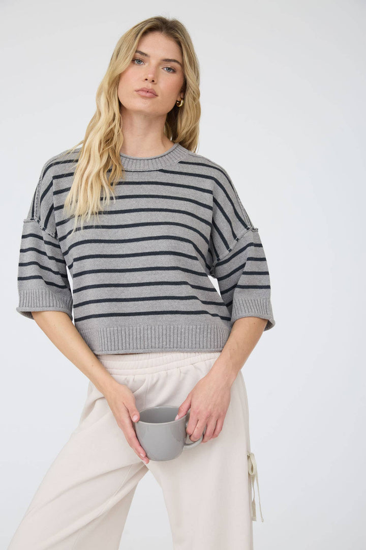 STRIPE RAW EDGE DROP SHOULDER SHORT SLEEVE SWEATER
