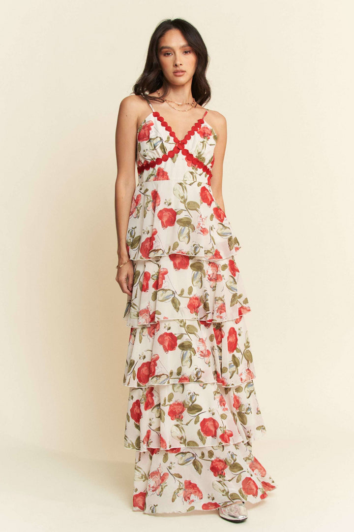 CONTRAST RED  LACE CAMI TIERED RUFFLE MAXI DRESS