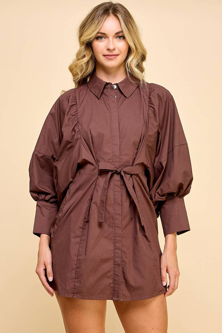 Balloon Sleeve Tie-Waist Mini Shirt Dress  PINK