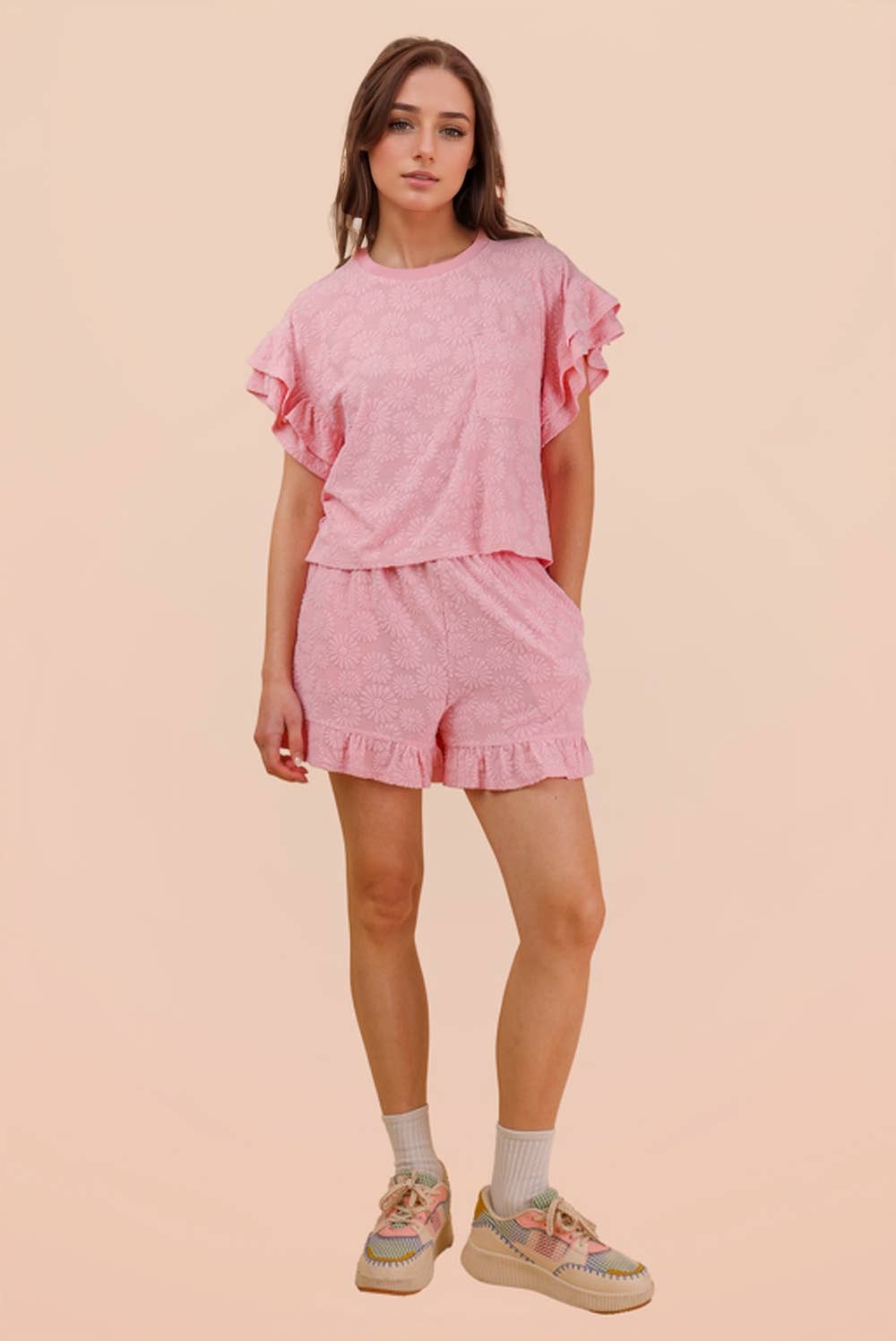 Floral Textured Ruffled Knit Top & Shorts Set