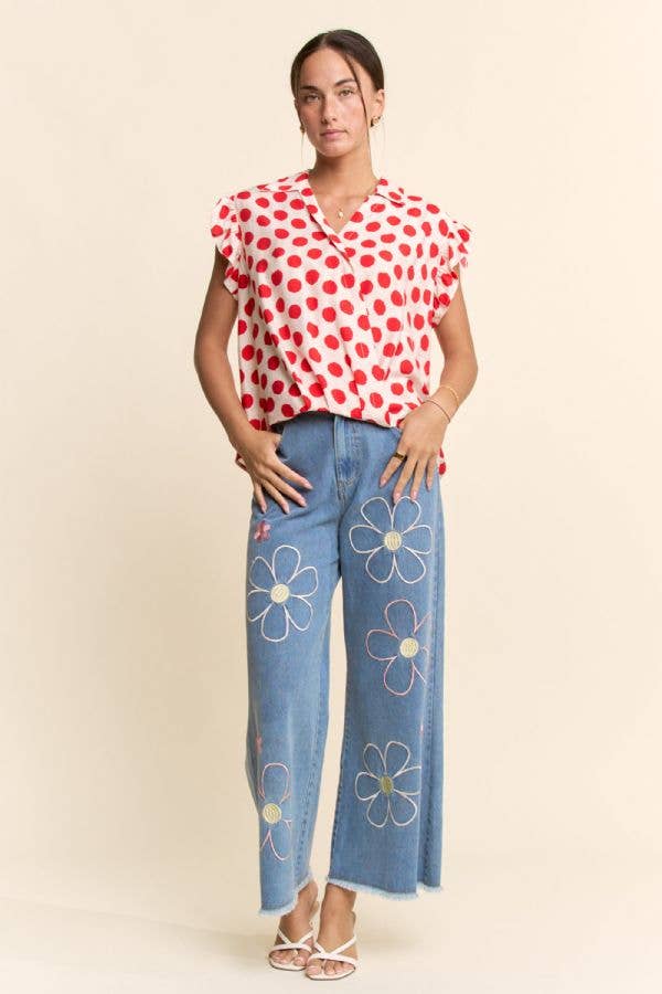 POLKA DOT PRINT SHORT RUFFLE SLEEVE V NECK BLOUSE