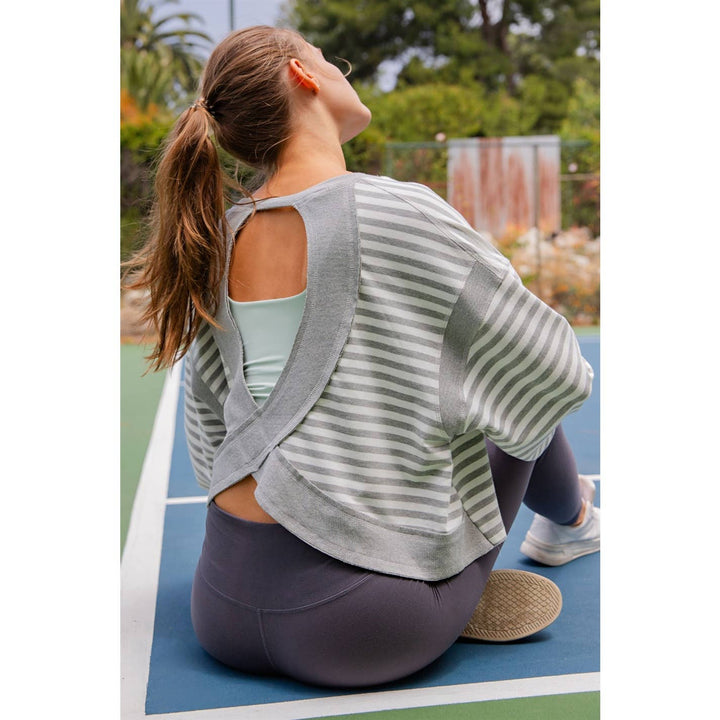 STRIPED TERRY OPEN BACK LONG SLEEVE TOP