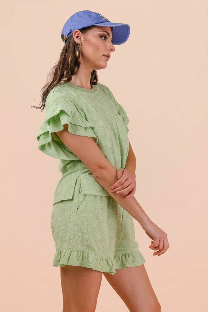 Floral Textured Ruffled Knit Top & Shorts Set