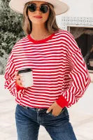 Red Stripe Exposed Seam Drop Shoulder Casual Pullover Top