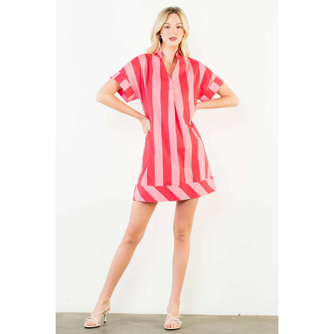 Short Sleeve Striped V-Neck Dress